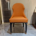 High-Gloss Wood Back Dining Chair with Orange Leather Upholstery